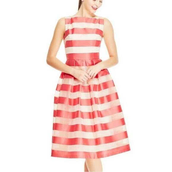 LELA ROSE Organza Striped Boat Neck Full Skirt Dress Pockets Size 14 White READ - Picture 2 of 15